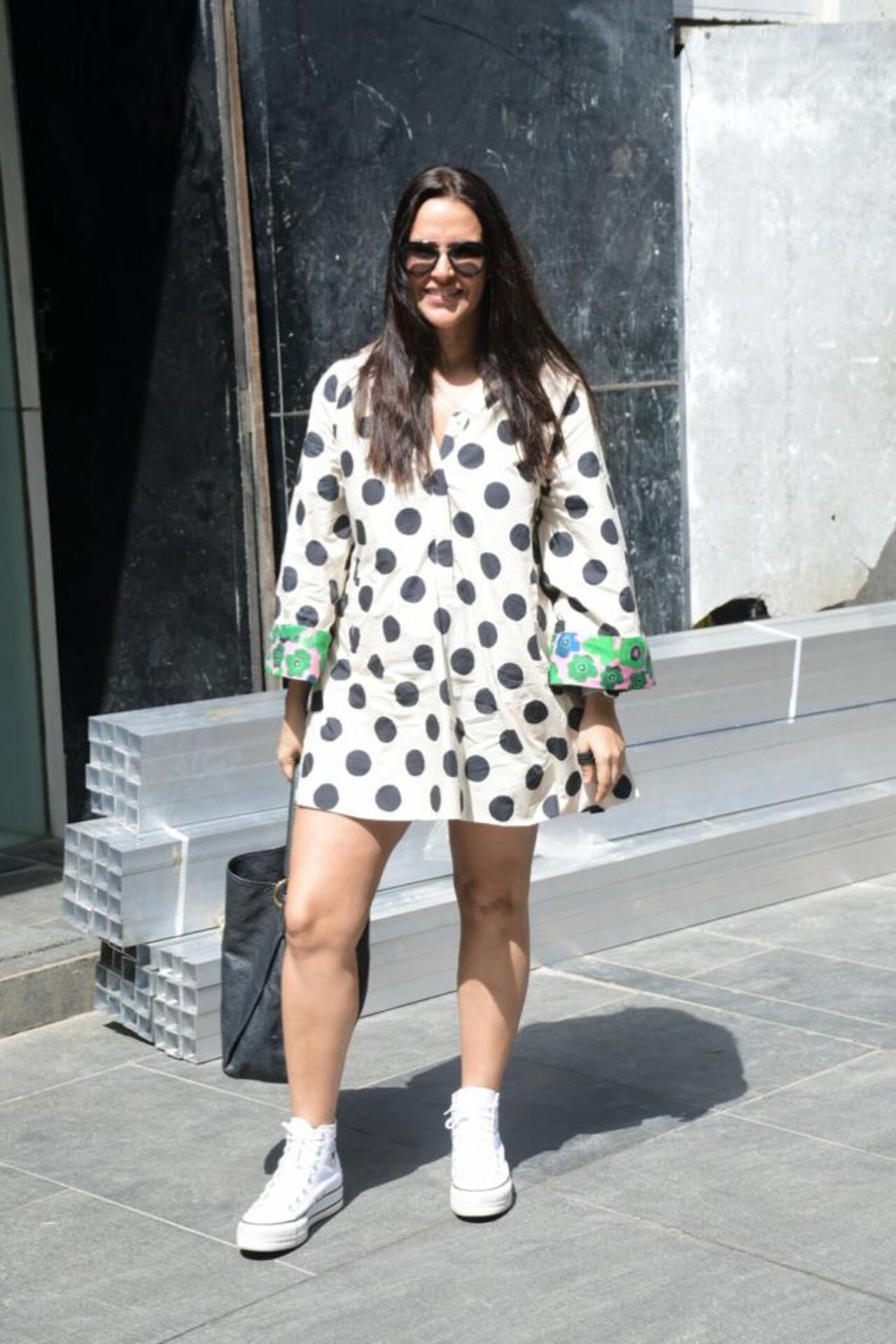 Neha Dhupia made an appearance in the city. The actress looked lovely in a white and black polka dress